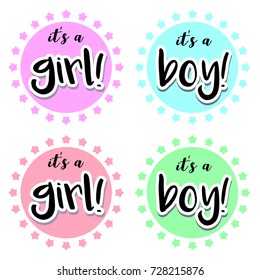 It's a girl! / It's a boy! Set of gender reveal decorations. Both in traditional pink/blue colors, but also in orange and green. Cute, clean and modern.