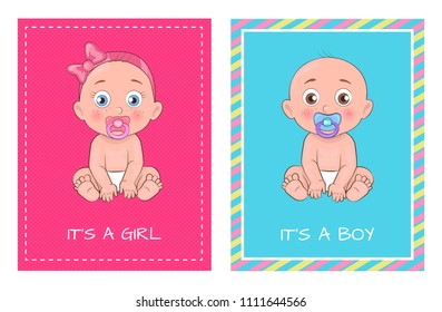 Its a girl and boy set of posters dedicated to baby shower day vector illustration of newborn infants with pacifiers isolated female and male toddlers