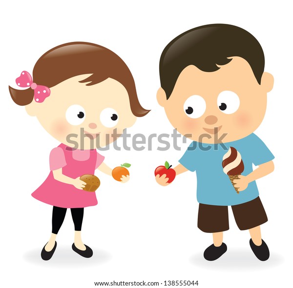 Girl Boy Sharing Sweets Fruits Stock Vector (Royalty Free) 138555044
