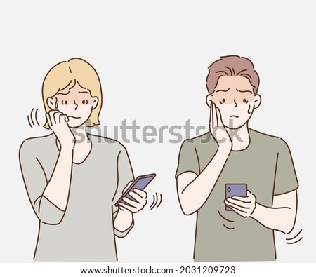 Girl and boy shocked expression after they reading the message on the smartphone, they has anxious faces. Hand drawn in thin line style, vector illustrations.