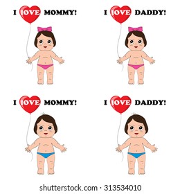 Girl and boy in shorts with a ball in the form of the heart with the inscription I love my mom and dad vector illustration