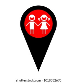 Girl and boy sign illustration. Vector. Flat white icon in red circle at black marker on white background. Isolated.
