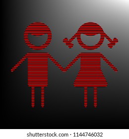 Girl and boy sign illustration. Vector. Striped red and black icon at gradient blackish background. Zebra.