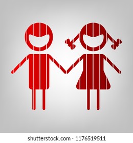 Girl and boy sign illustration. Vector. Vertically divided icon with colors from reddish gradient in gray background with light in center.