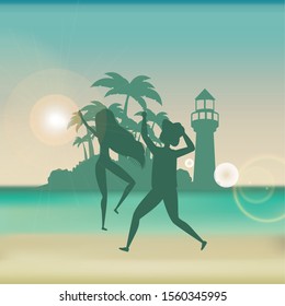 Girl and boy silhouettes design, Summer vacation beach tropical relaxation outdoor nature tourism island and season theme Vector illustration