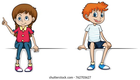 Girl and boy sitting on white background illustration