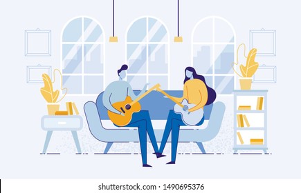 Girl and Boy Sitting in Room on Sofa and Playing Guitar Flat Cartoon Vector Illustration. Couple Performing Acoustic Music in Romantic Atmosphere. Indoor Interior with Couch and Shelves.