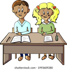 a girl and a boy are sitting at a school desk