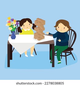 Girl and boy sitting at table and playing Jenga. Vector illustration.