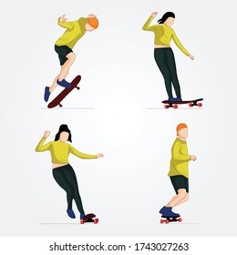 Girl and boy skateboarder doing skating on skating board - Vector illustration