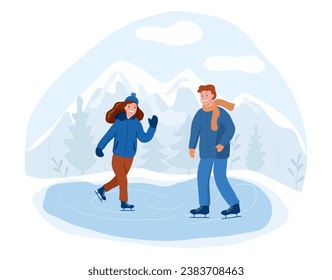 Girl and boy skating outdoors, forest and mountains on background, winter sports concept, vector illustration