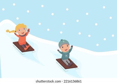 Girl and a boy are sledding down the mountain. Winter holidays. Vector illustration