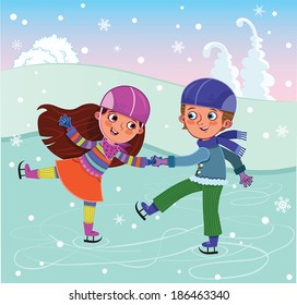 A girl and boy sliding on the ice. Vector illustration.