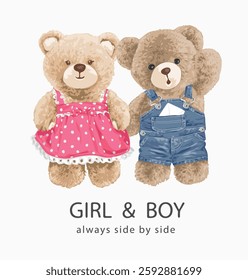 girl and boy slogan with cute bear doll couple holding hands vector illustration created by hand drawn without using AI in the process