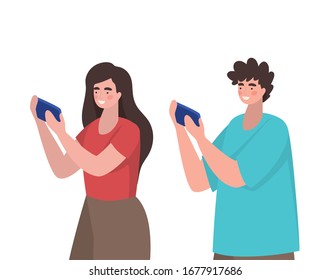 Girl and boy with smartphones design, Youth culture people cool person human profile and user theme Vector illustration