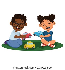 Niña y niño sonriendo niños jugando con coches de juguete. Niños felices jugando juntos. Personajes de dibujos animados infantiles sentados en el suelo con coches de juguete y camiones.