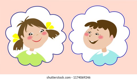 A girl and a boy. Smiling face in a frame on a white background