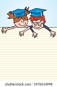 girl and boy, smiling school children with blue graduation caps, funny vector illustration on lined paper, blue background