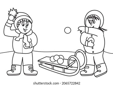 girl and boy with snowballs and sleigh, funny vector illustration, children in the mountains, boy and girl with sledge, coloing book, eps.