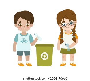 Girl and boy sorting plastic waste for recycling. Friendly kids throwing plastic bottles in recycle container.