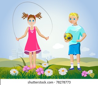 girl and boy with sport accessories