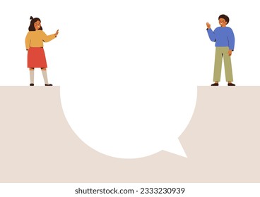 Girl and boy stand on the big speech bubble and waving hands. Friends Or siblings say hello with hi gesture. Teenagers on the large frame online message greet each other.communication concept. Vector