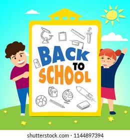 Girl and boy standing with back to school board. cartoon illustration