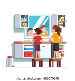 Girl & boy standing in front of wall mirror brushing teeth with toothbrushes together. Kids dental health and oral hygiene. Bathroom sink, cabinet & hanging vanity. Flat cartoon vector illustration.