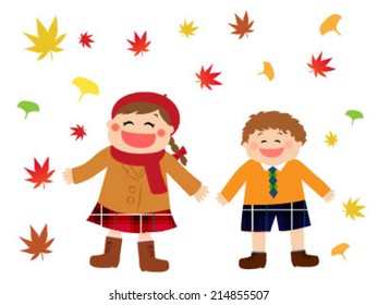 A girl and a boy standing happily in autumn leaves, vector illustration