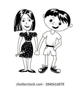 A girl and a boy are standing and holding hands, a girl is in a black dress with polka dots, and a boy is dressed in shorts, a T-shirt and sneakers, a girl is holding a candy in her hand.
