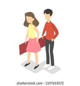 Girl and boy standing in queue for lunch or breakfast in the school canteen. Hungry children with red tray without meal. Isolated vector isometric illustration