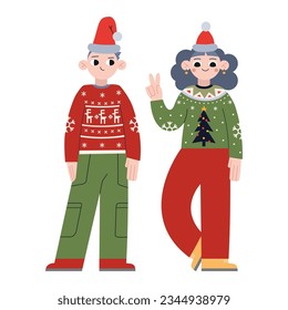 Girl and boy standing together, pre teen or teenage kids in traditional Christmas clothes, ugly sweaters, cartoon style. Trendy modern vector illustration isolated on white, hand drawn, flat design.