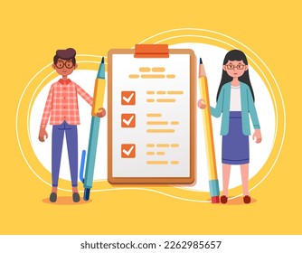 Girl boy student with giant pencil near pencil marked checklist on clipboard paper Successful completion study tasks Flat vector illustration
