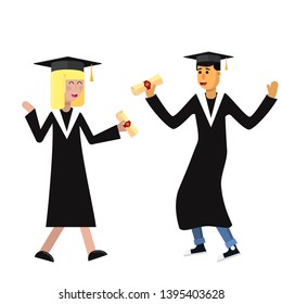 girl and boy students in academic gown and cap received a diploma and rejoices. Vector flat illustration.