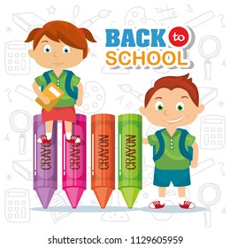 girl and boy students backpack with crayons and book vector illustration