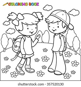 Girl And A Boy Students With Backpacks. Vector Black And White Coloring Page.