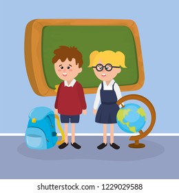 girl and boy students with blackboard and backpack