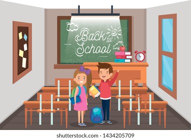 girl and boy students with desks and blackboard in the classroom