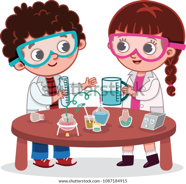 A Girl and a Boy Students in Science Lab Class. Vector Illustration