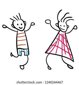 Girl and boy in the style of childrens drawings. Vector illustration. Outline drawing on a white background.