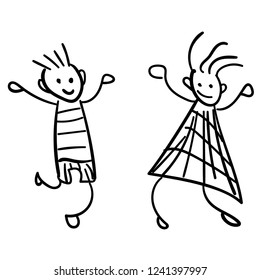 Girl and boy in the style of childrens drawings. Vector illustration. Outline drawing on a white background.