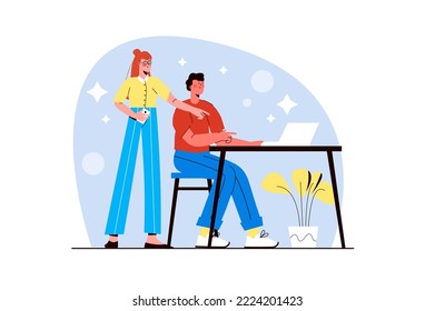 Girl and boy surfing internet blue concept with people scene in the flat cartoon design. Young couple is surfing and looking for the necessary information on the Internet. Vector illustration.