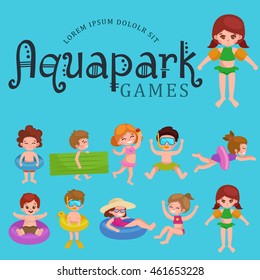 girl and boy in swimsuit isolated, kids summer vacation vector illustration, cute child ready for beach and sun, playing water and fun at swimming pool.