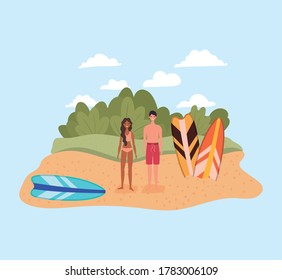 girl and boy with swimsuits and surfboards at beach design, Summer vacation tropical and relaxation theme Vector illustration