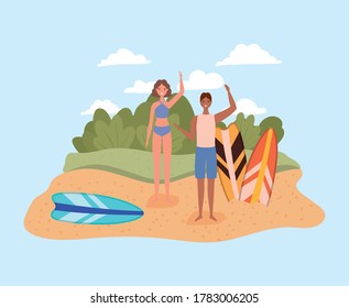 girl and boy with swimsuits and surfboards at beach design, Summer vacation tropical and relaxation theme Vector illustration