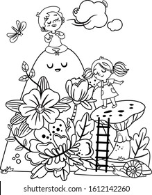A girl and a boy take a deep breath while in the colorful nature. Black and White. Vector illustration.