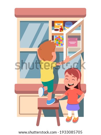 Girl, boy taking, stealing hidden sweets jar out of cupboard shelf in kitchen. Boy kid standing on stool opening cupboard door. Children left home alone. Misbehavior. Flat vector illustration