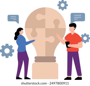 A girl and a boy are talking about solving a puzzle.