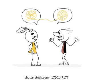 Girl and boy are talking. Mess in the head. Vector stickman cartoon character illustration.