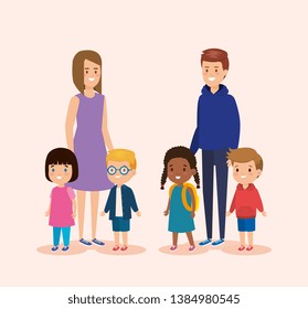 girl and boy teens with children and casual clothes
